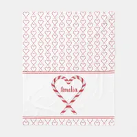 Cute Christmas Personalized Name Candy Cane Hearts Fleece Blanket