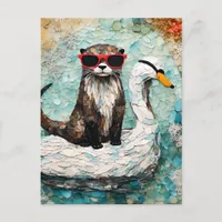An otter on Vacation on a Floating swan Postcard
