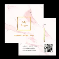 Blush pink marble gold photo logo QR code Square Business Card