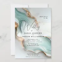 Luxe Opal Teal Gold Fluid Alcohol Ink Invitation