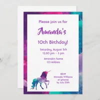 Unicorn girly fantasy purple 10th birthday party invitation