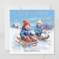 Cute Retro Watercolor Children Sledges Snow Scene Holiday Card