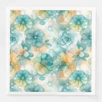 Teal and Yellow Flowers Alcohol Ink Illustration  Paper Dinner Napkins