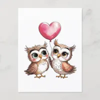 Two Adorable Owls with a Heart Balloon Postcard