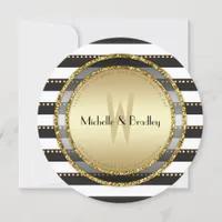 Funky Stripes Black White & Gold Round Wedding Invitation