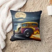 Classic hot rod cruising by the moonlit lake throw pillow