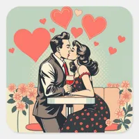 Cute Retro Couple Kissing Pop Art Hearts Square Sticker