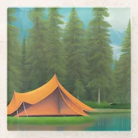 Camping Themed Art | Tent in the Woods on the Lake Glass Coaster