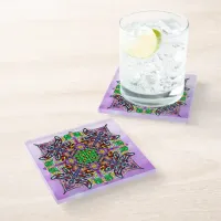 Dragonfly and Flower Themed Purple Colorful  Glass Coaster