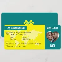 Lemon Yellow & Teal Boarding Pass Bridal Shower Invitation