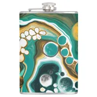 Turquoise, Gold, Marble Fluid Art    Flask