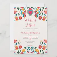 Mexican Otomi Tenangos Floral Colorful Wedding Invitation