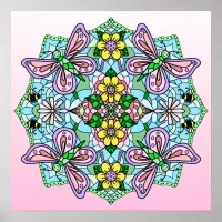 Pink Hand Drawn Butterfly, Flowers Mandala Poster