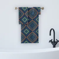 Deep Blue Ethnic Folk Boho Chic Mosaic Pattern Bath Towel Set