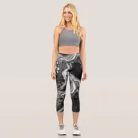 Black and White Marble Digital Fluid Art   Capri Leggings