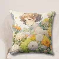 Pretty Anime Girl in Yellow and White Flowers Throw Pillow