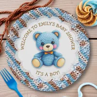 Blue and Brown Crocheted Teddy Bear It's a Boy Paper Plates