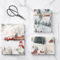 Red and White Woodland Snowman and Truck Christmas Wrapping Paper Sheets