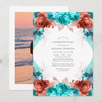 Turquoise and Coral Floral Celebration of Life Invitation