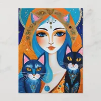 Woman and Two Cats Postcard