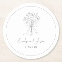 Hand Drawn Simple Flower and Bow Whimsical Wedding Round Paper Coaster