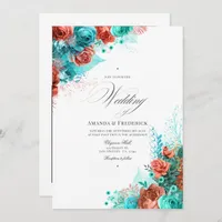 Classic Turquoise and Coral Floral Wedding Photo Invitation