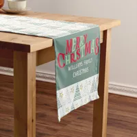 Retro Green Hygge Merry Christmas Trees Name Short Table Runner