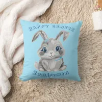 Happy Easter Cute Gray Bunny Rabbit Blue Name Throw Pillow