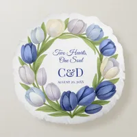 Elegant Watercolor Tulip Wreath Wedding Blue Ivory Round Pillow