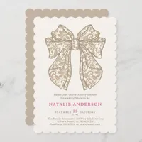 Elegant Neutral Beige Floral Lace Bow Baby Shower Invitation