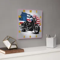 Motorcycle with American flag backdrop Square Wall Clock