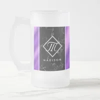 Elegant Black Marble & Purple Foil Monogram Frosted Glass Beer Mug