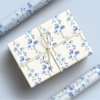 Elegant Blue & White Wildflower Watercolor Wrapping Paper Sheets