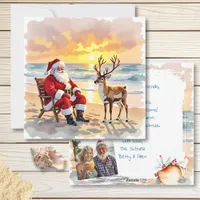Santa and Reindeer at Beach Personalized Christmas Holiday Card