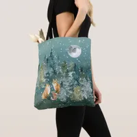 Fox Family in Forest Full Moon Snowfall Tote Bag