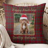 Pet Christmas Plaid Gold Personalized 2 Dog Photo Throw Pillow