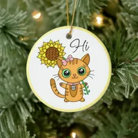 Personalized Hi and Hugs | Cute Cat with Sunflower Ceramic Ornament