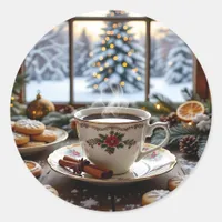 Christmas Coffee and Cookies Winter Window Scene Classic Round Sticker
