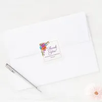 Purple Orange Floral Watercolor Wedding Thank You Square Sticker