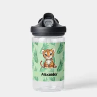 Cute Cartoon Tiger on Tropical Leaves Water Bottle