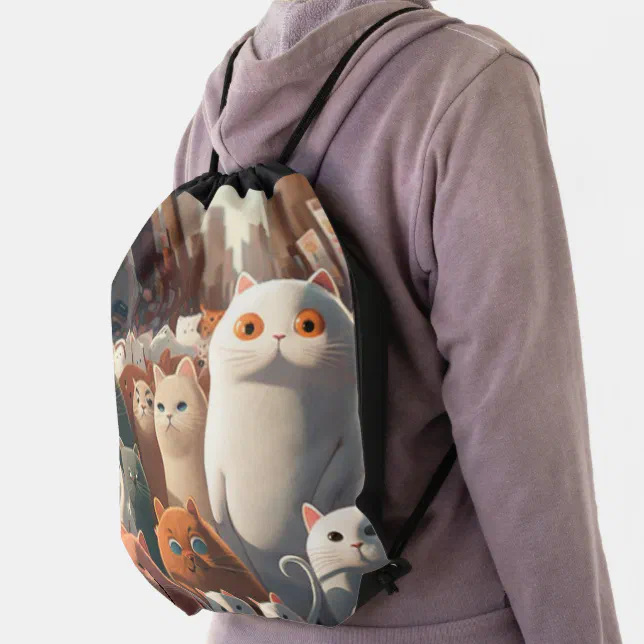 Cat City Cartoon Crowd Drawstring Bag