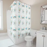 Beachy Blue Crab, Lobster, Starfish, Sand Dollar Shower Curtain