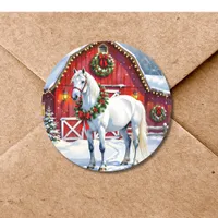 A Festive White Horse and Winter Barn Christmas Classic Round Sticker