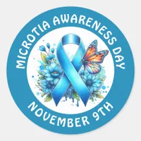 Microtia Blue Awareness Day Ribbon and Butterfly Classic Round Sticker