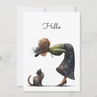 Whimsical Cute Cat and Lady Hello Flat Card