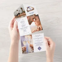 Gondola Monogram Crest 3 Photo QR Code Blu Wedding All In One Invitation