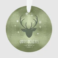 Deer Antlers Silhouette & Snowflakes Green ID861 Ornament