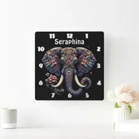 Floral-patterned vibrant elephant square wall clock