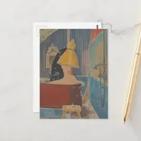 Surreal woman in rustic copper bathtub collage postcard