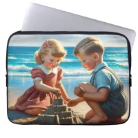 Children Building a Sandcastle on the Beach  Laptop Sleeve